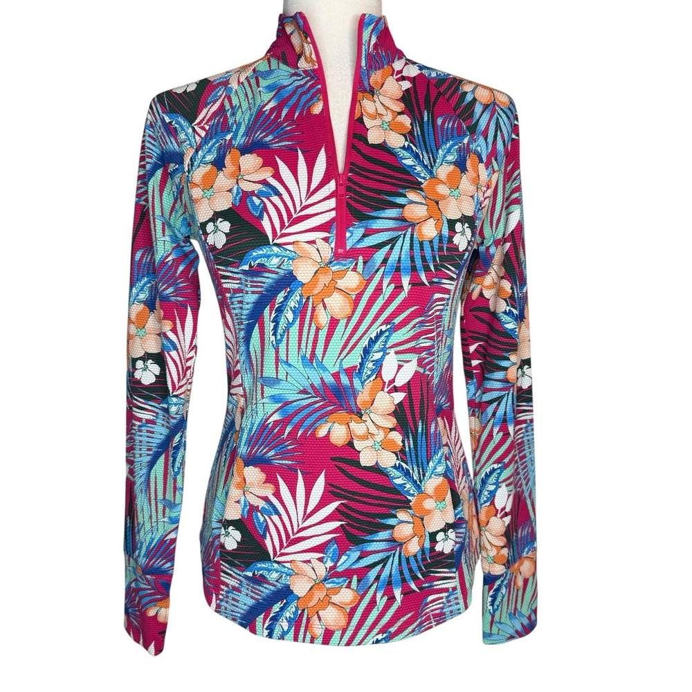 Tommy Bahama Golf Tennis Quarter Zip Pullover Top Small Tropical Floral‎ Pink